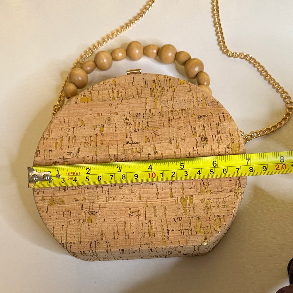 Tan Round Cork Crossbody with a wooden beaded top handle and gold tone chain - Picture 5 of 9